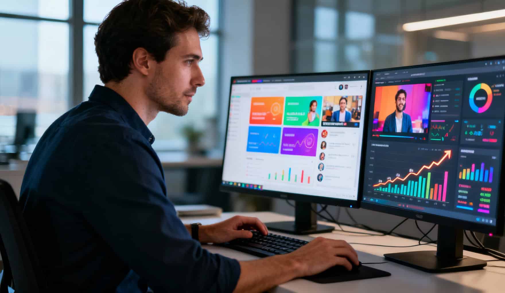 Analyse de performance e-commerce, homme travaillant sur ordinateur avec tableaux de bord marketing, croissance des ventes, optimisation digitale.