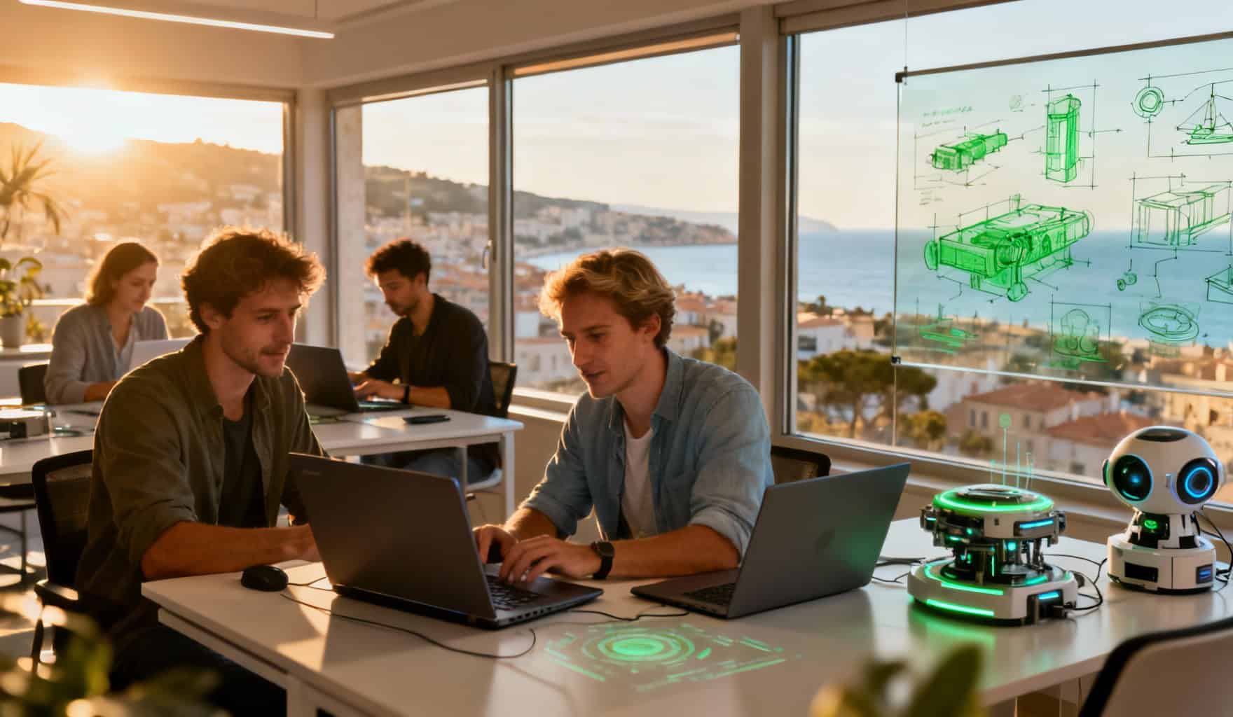 Des entrepreneurs caucasiens dans un espace de coworking moderne dans le Sud de la France, collaborant sur des projets de technologie verte avec des appareils futuristes.