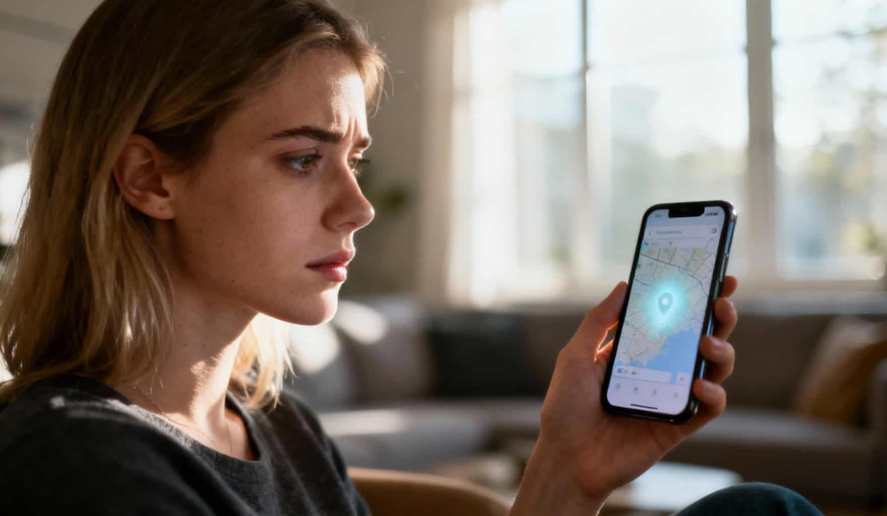 Traçage GPS, femme utilisant une application de localisation sur smartphone pour suivre un itinéraire.