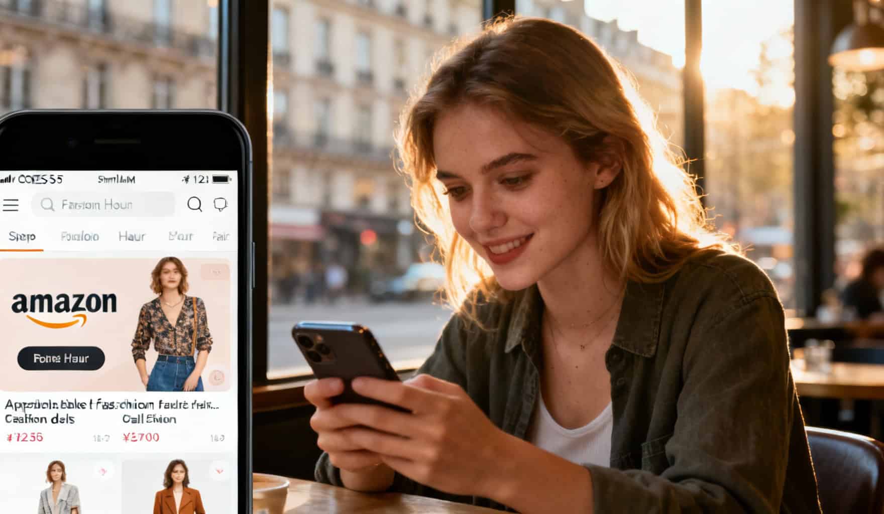 Vendeuse utilisant une application de commerce en ligne avec Amazon sur smartphone, shopping et mode.