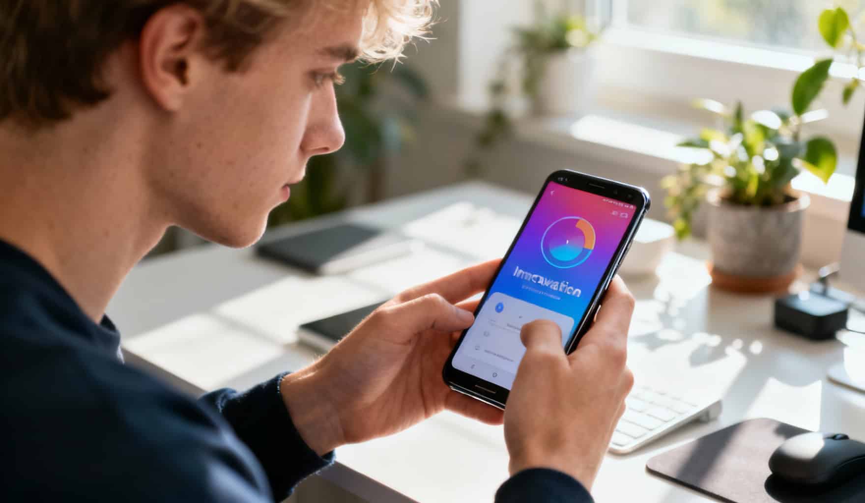 Un jeune adulte utilise une application de concentration sur son smartphone Android dans un espace de travail moderne.