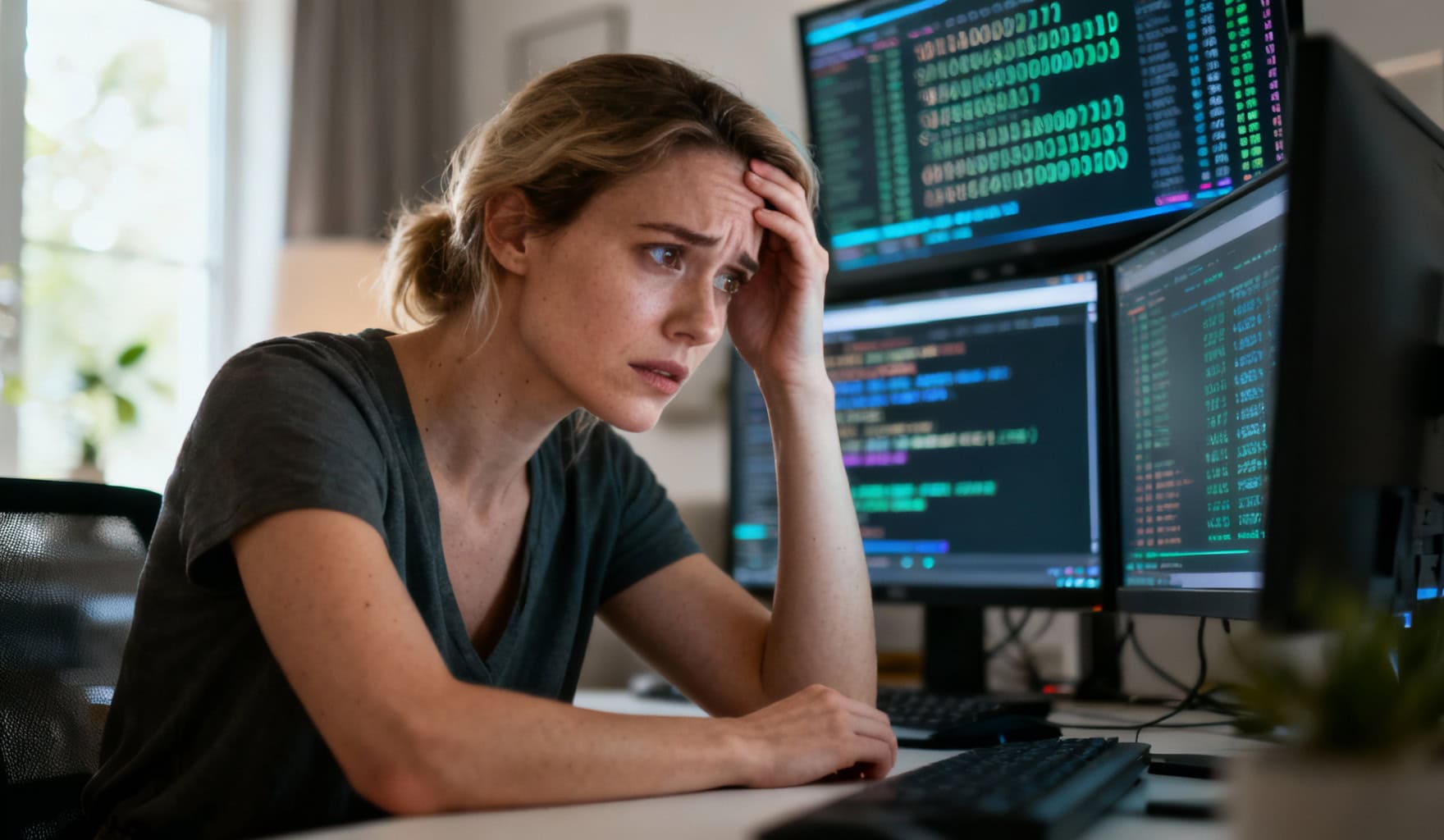 Photographie d'une femme inquiète dans un bureau moderne, entourée d'écrans affichant des données, illustrant les préoccupations concernant la protection des données face à l'IA.