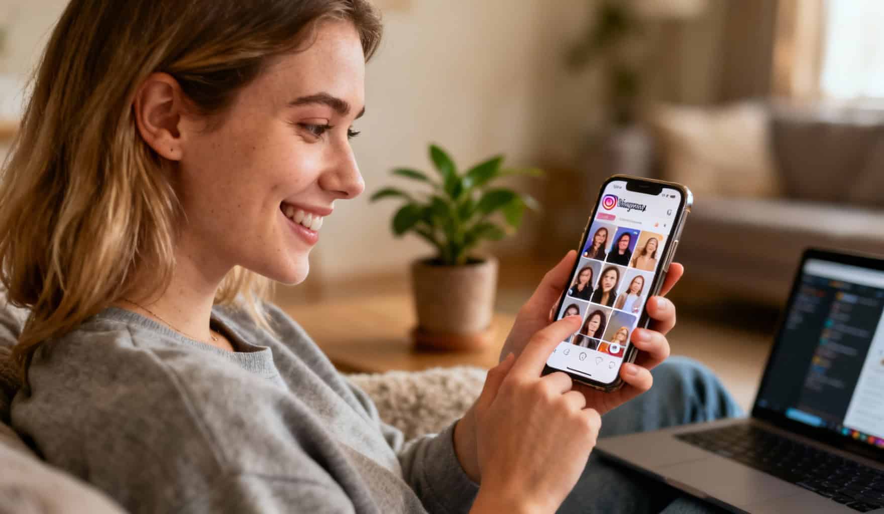 Photographie d'une jeune femme souriante utilisant son smartphone pour regarder des stories Instagram dans un intérieur lumineux.