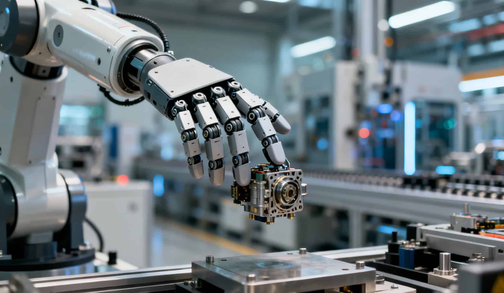 Photographie d'une main de robot humanoïde avancée saisissant un composant mécanique complexe dans un environnement d'usine moderne et automatisé.