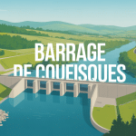 Vue aérienne du barrage de Couesques en vallée verte