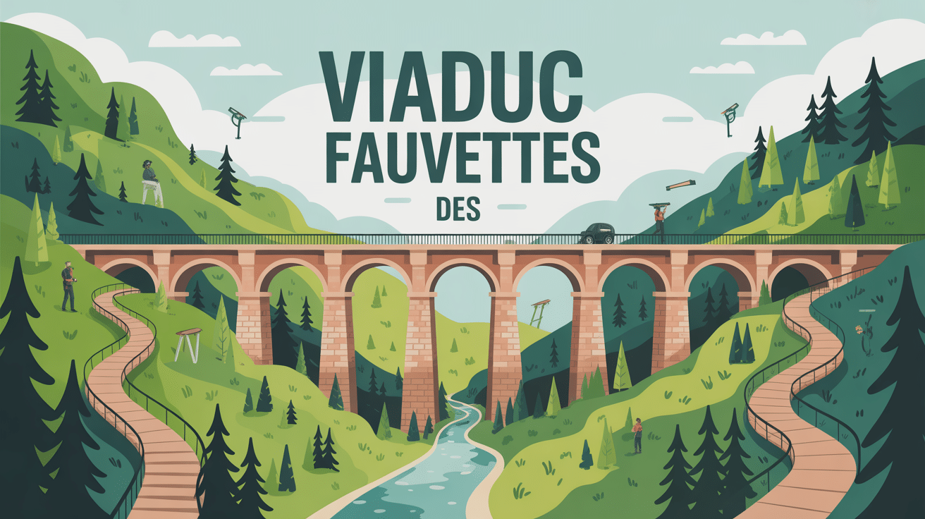 Vue stylisée du viaduc des Fauvettes avec grimpeurs et sentiers