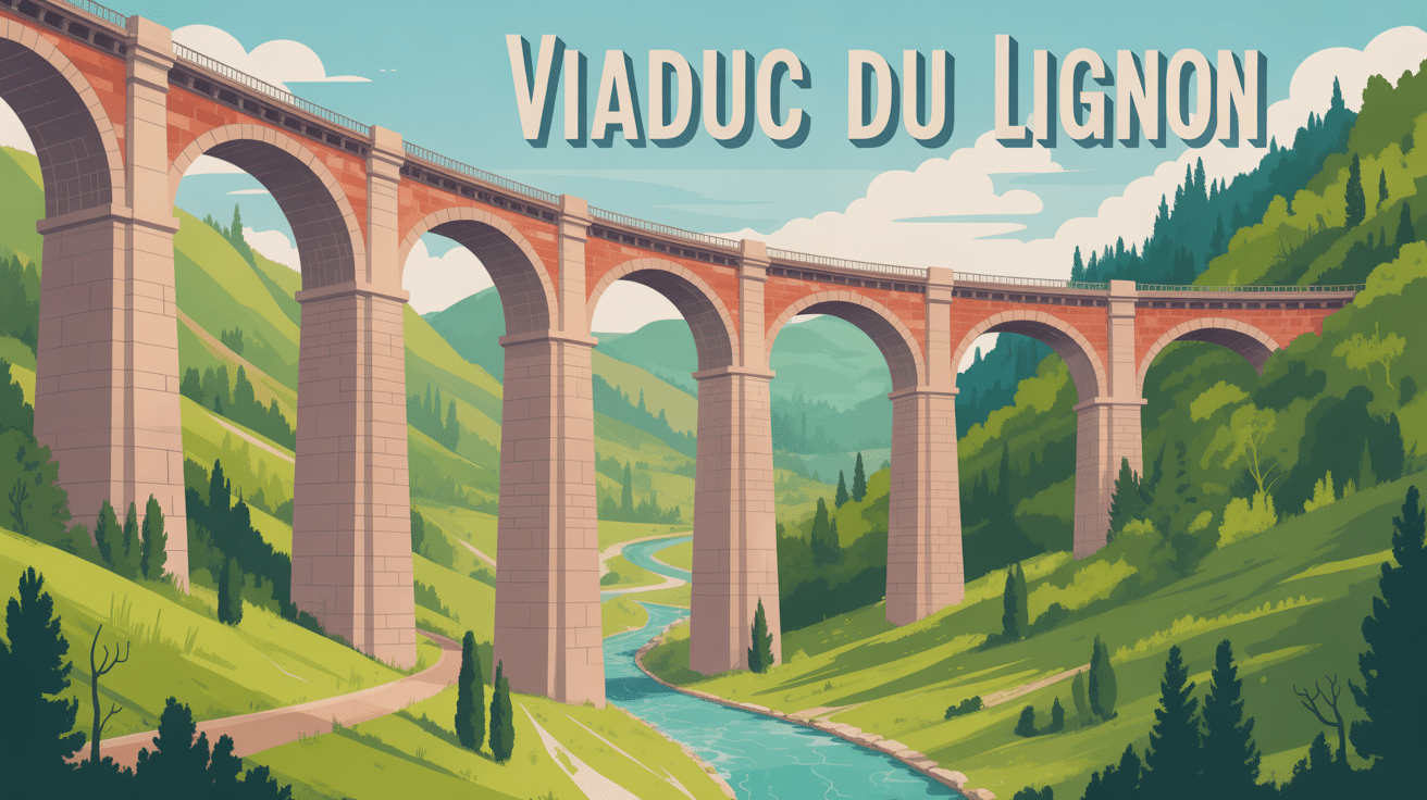 Illustration stylisée du viaduc du Lignon en pierre sur une vallée