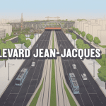 Vue aérienne du boulevard jean jacques bosc avec tramway et pont en construction
