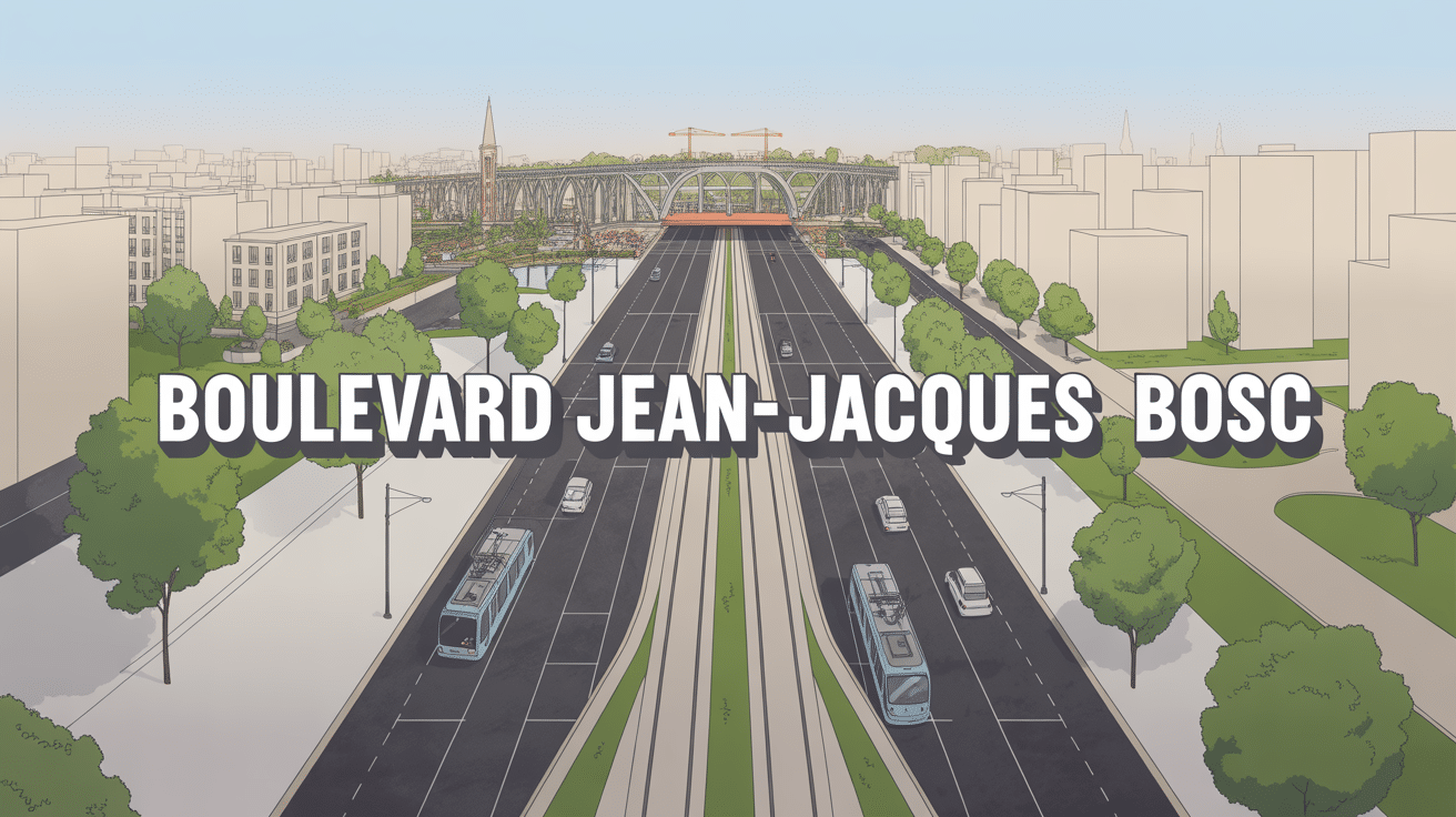Vue aérienne du boulevard jean jacques bosc avec tramway et pont en construction