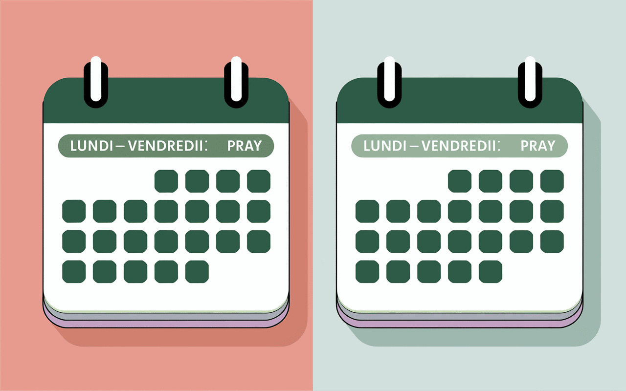 Calendriers comparant jours ouvrés et jours ouvrables en vert