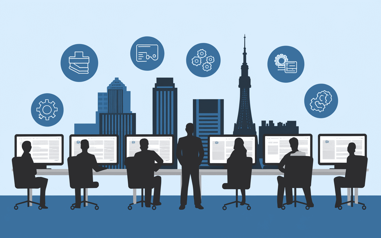 Employés intraparis devant écran avec icônes services publics