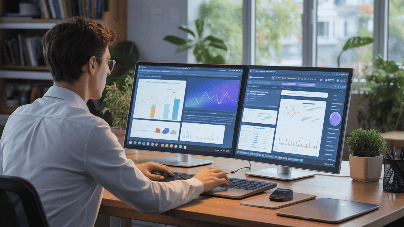 Professionnel utilisant pc portable 2 ecrans au bureau
