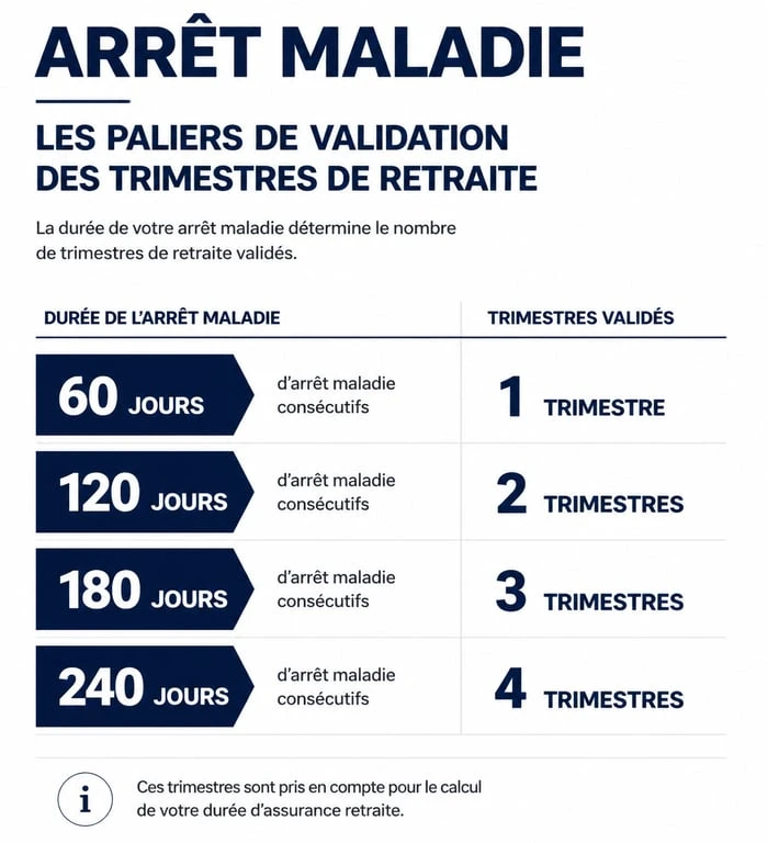 Infographie des paliers de validation des trimestres de retraite pendant un arrêt maladie