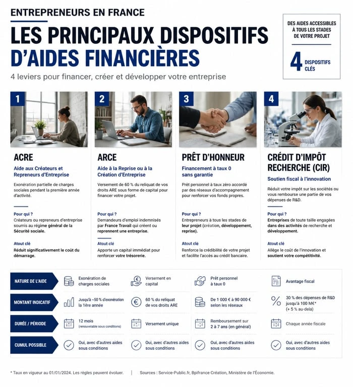 Infographie des aides financières pour entrepreneurs : ACRE, ARCE et prêts d'honneur