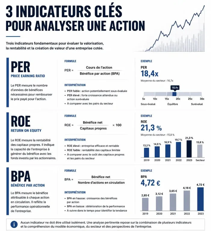 Infographie des indicateurs financiers pour choisir la meilleure action en bourse