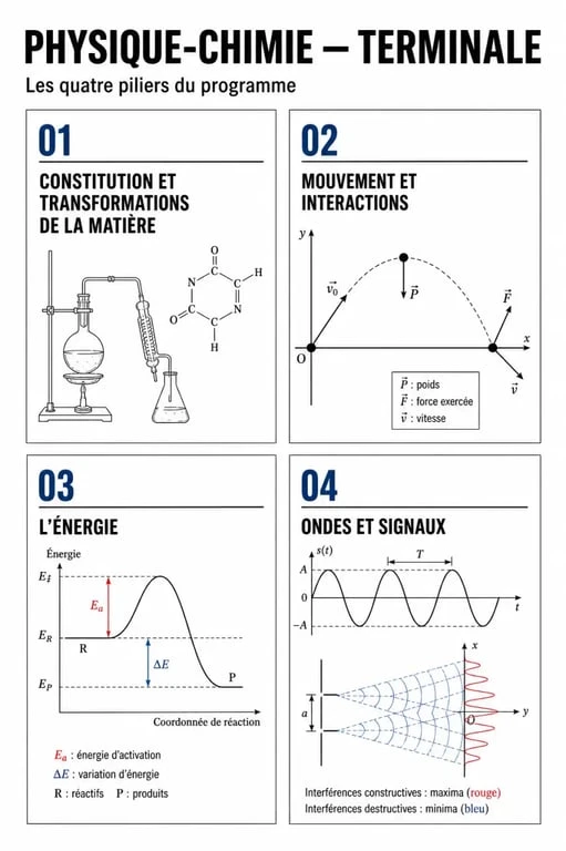 Infographie des quatre piliers du programme de physique-chimie en terminale