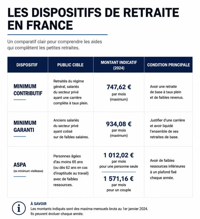 Tableau comparatif des dispositifs de minimum retraite garanti en France : MiCo, MiGa et ASPA