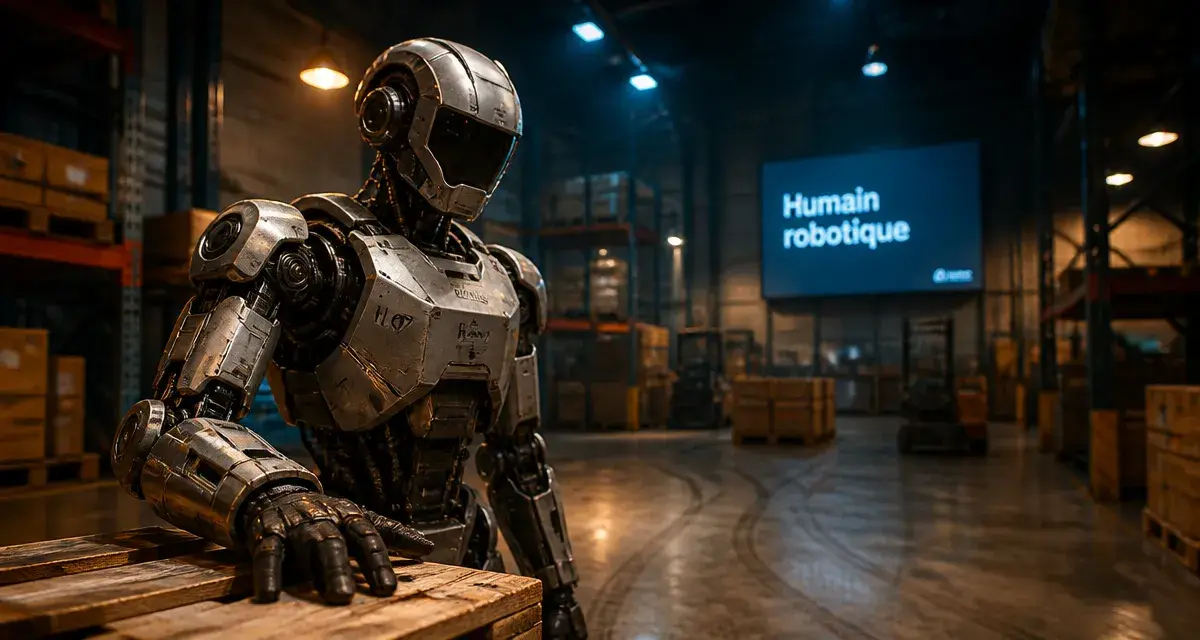 Humain robotique : robot humanoïde en entrepôt industriel