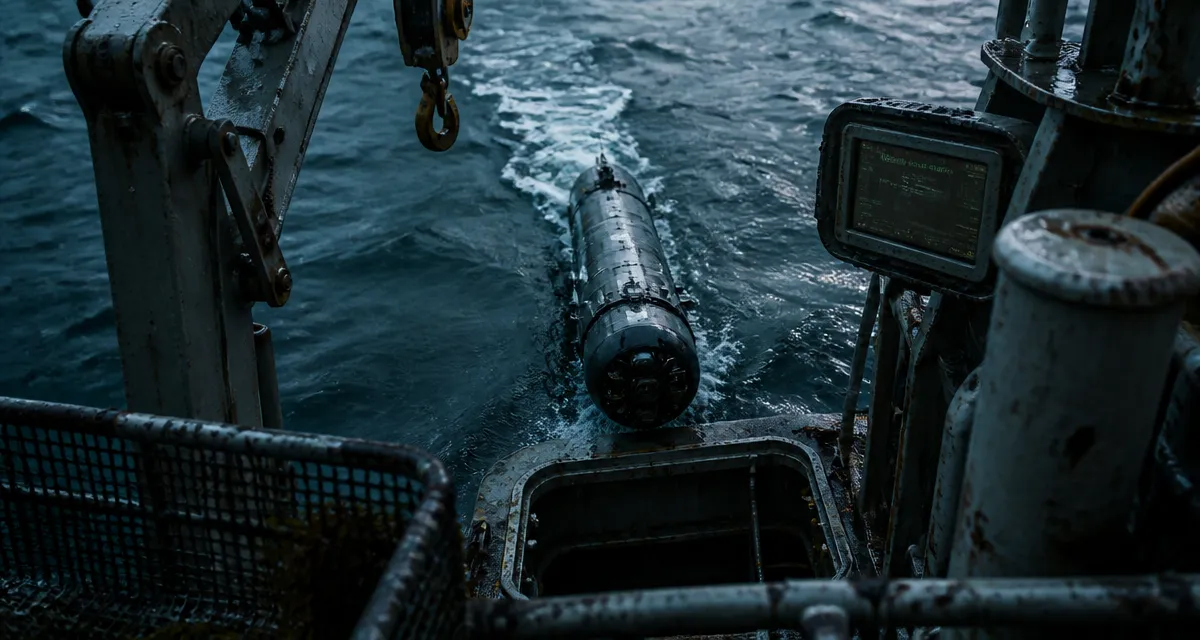 Robot sous marin autonome Blue Whale près d’une trappe sur le pont du navire