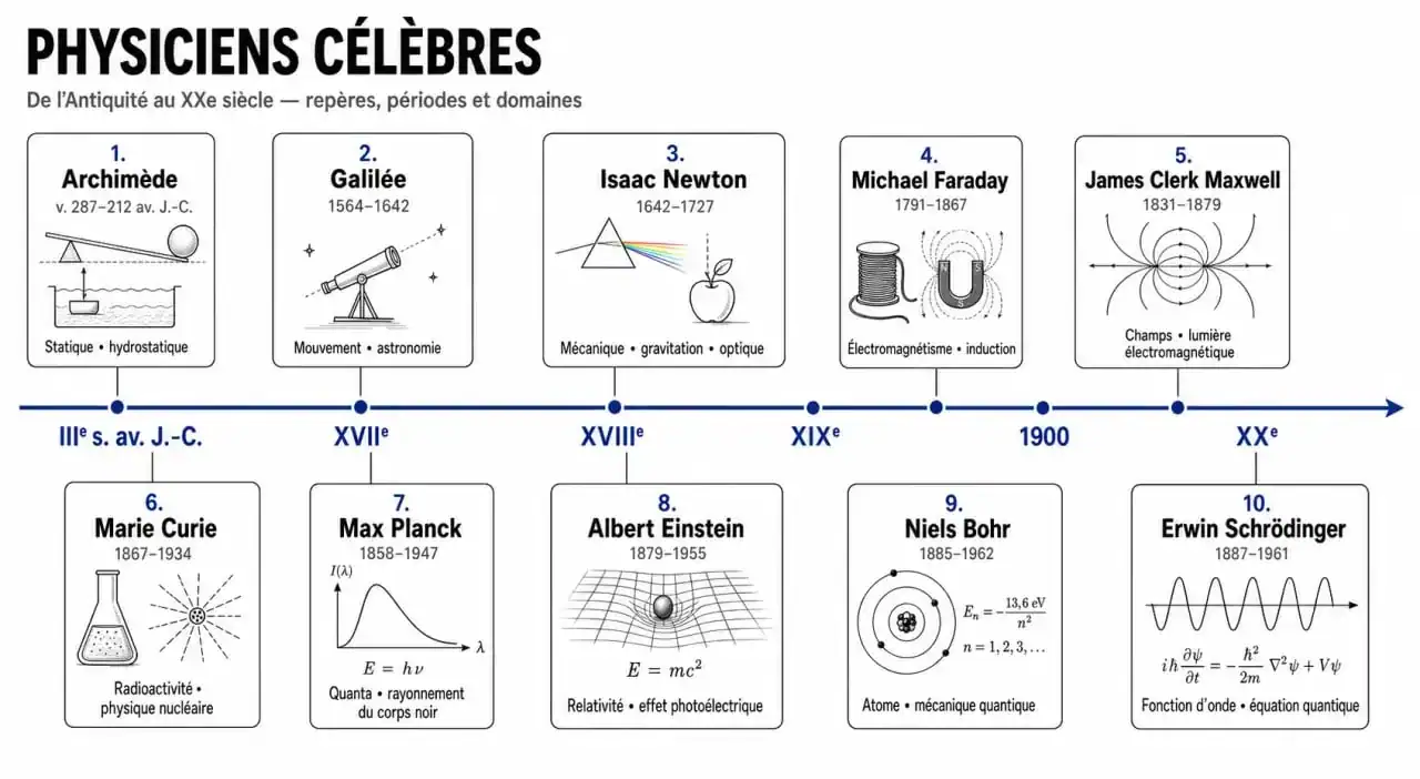Frise chronologique des physiciens célèbres avec leurs grandes découvertes
