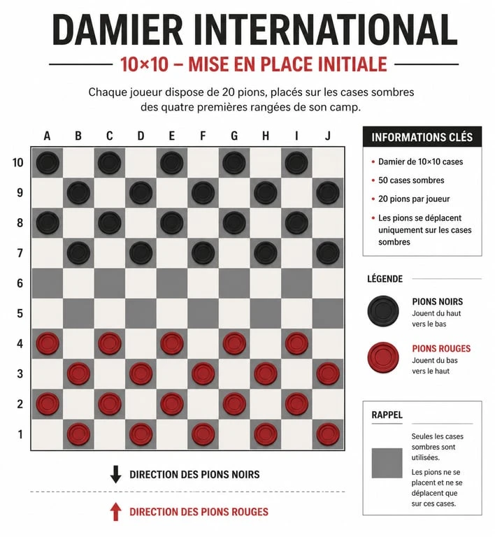 Schéma de mise en place du damier international pour les règles du jeu de dames