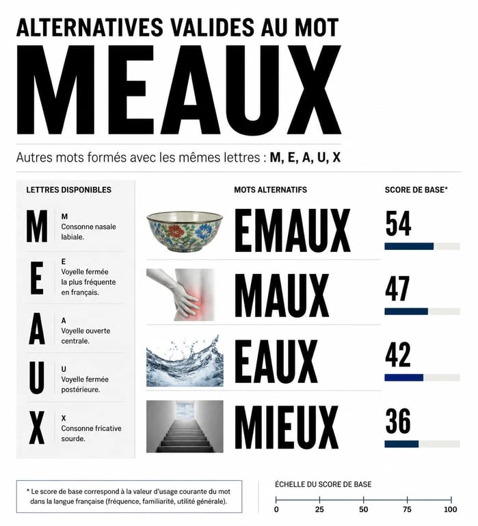 Alternatives valides au mot Meaux pour le Scrabble : EMAUX, MAUX, EAUX et MIEUX avec leurs scores.