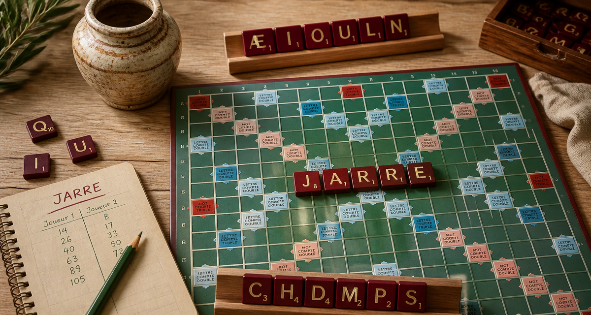 Jarre Scrabble posé sur plateau avec jetons