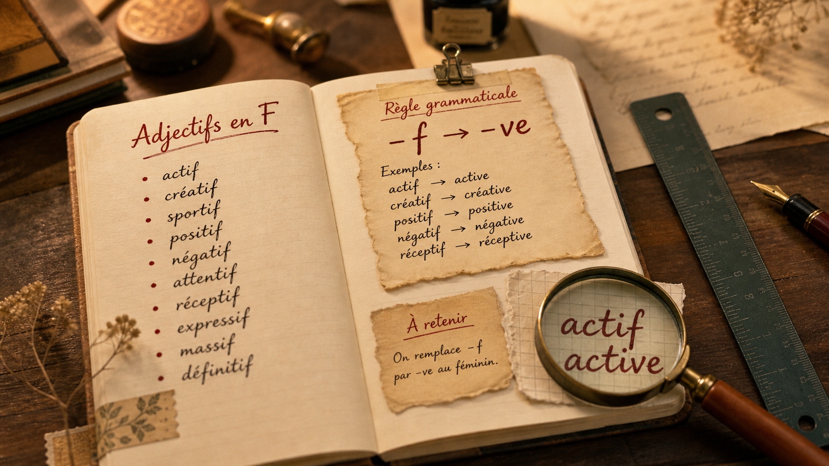 Adjectif en f : règle -f → -ve et exemples actif/active