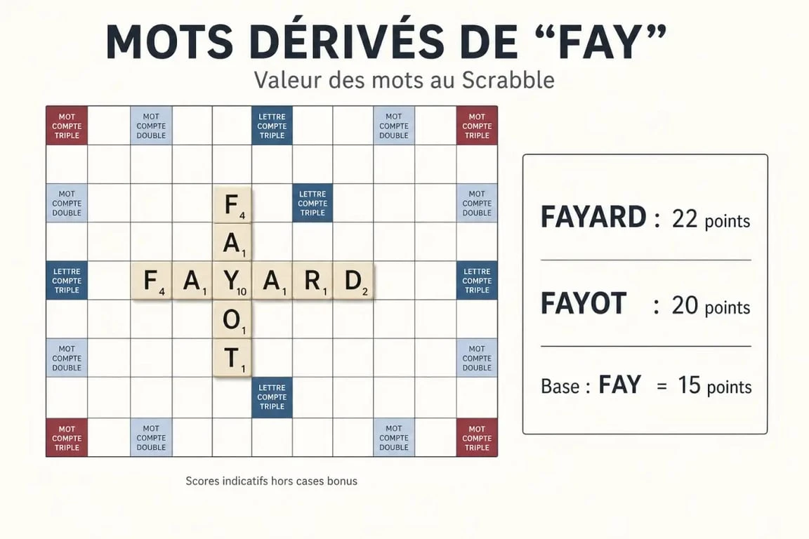 Infographie des mots dérivés de FAY et stratégie de placement du Y au Scrabble