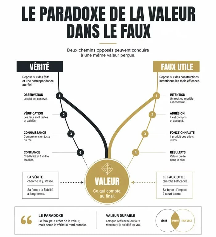 Infographie illustrant le concept de valeur dans le faux pour l'article sur je peux être faux mais j'ai de la valeur