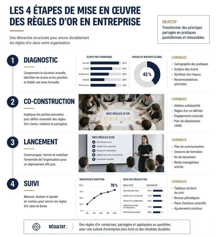 Infographie des étapes de mise en œuvre des règles d'or en entreprise pour la sécurité au travail