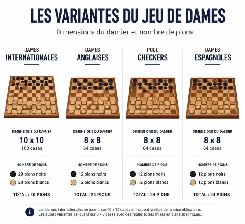 Tableau comparatif des variantes du jeu de dames : internationales, anglaises, pool checkers et espagnoles pour jouer contre l'ordinateur
