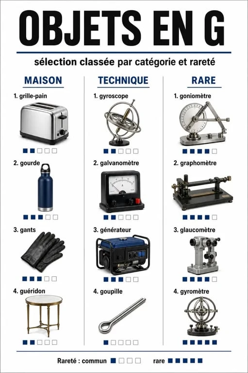 Infographie des objets commençant par la lettre G pour jeux de lettres et vocabulaire