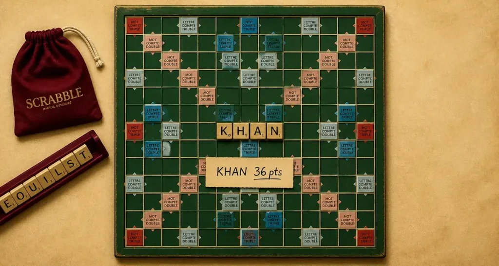 Jouer KHAN au Scrabble : 16 points, anagrammes et astuces de placement