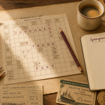 transport mots fléchés sur table avec carnet et tickets
