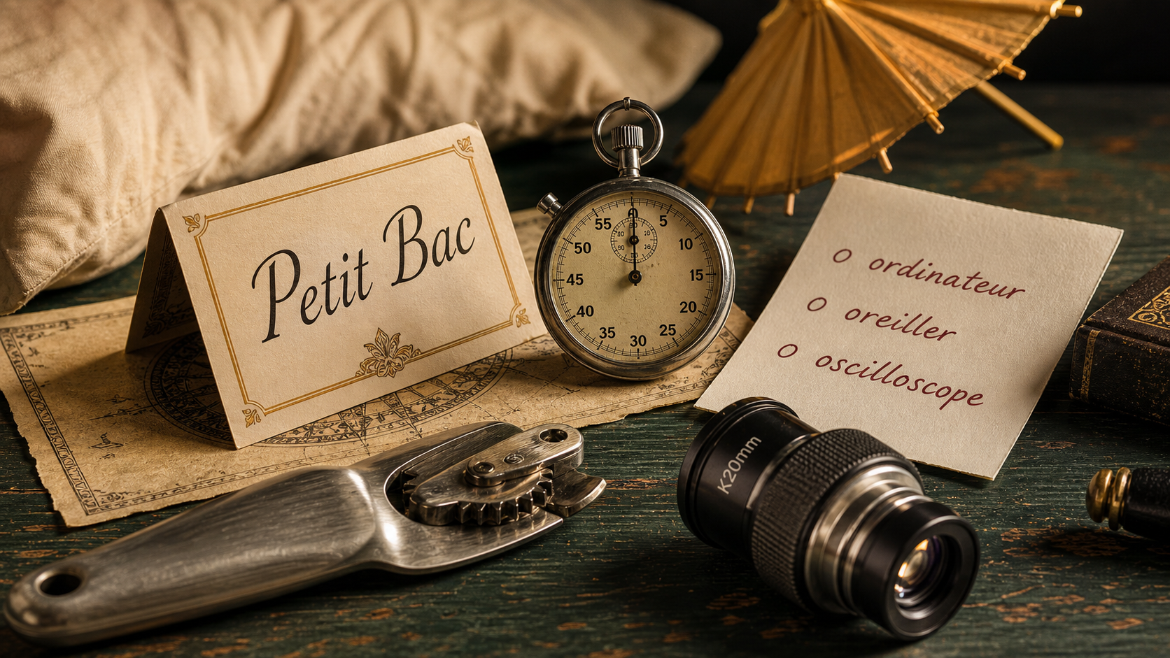Objet en o petit bac : carte et liste d’objets en O (ordinateur, oreiller, oscilloscope).