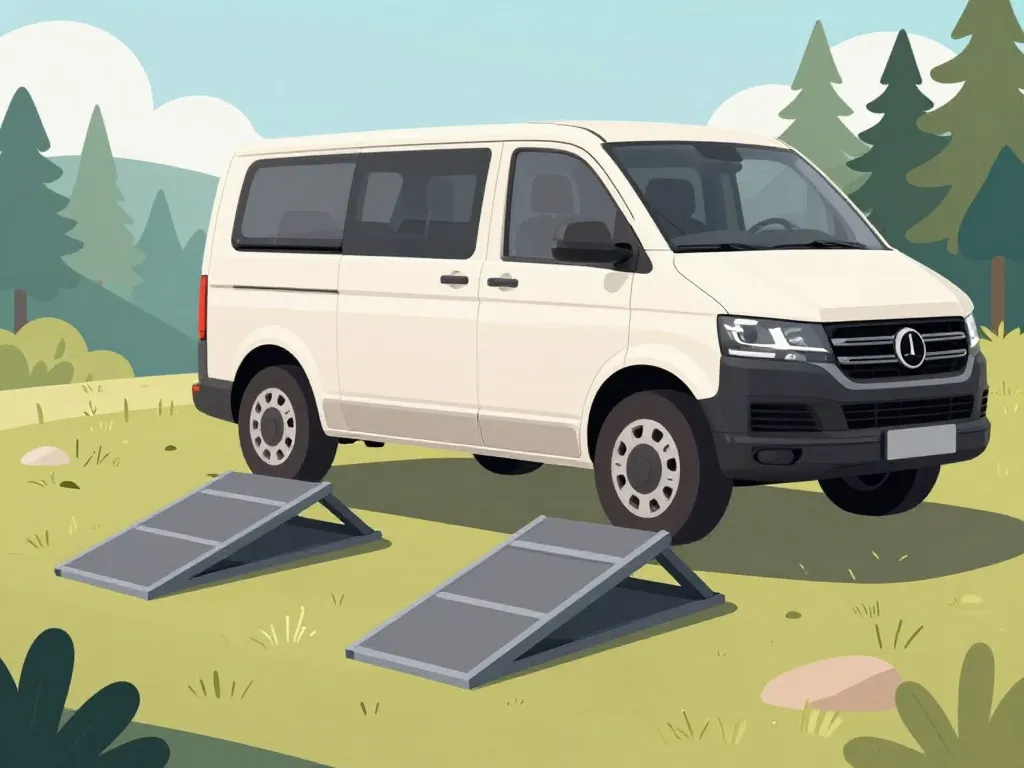 Utilisation cales camping-car 4 niveaux terrain en pente