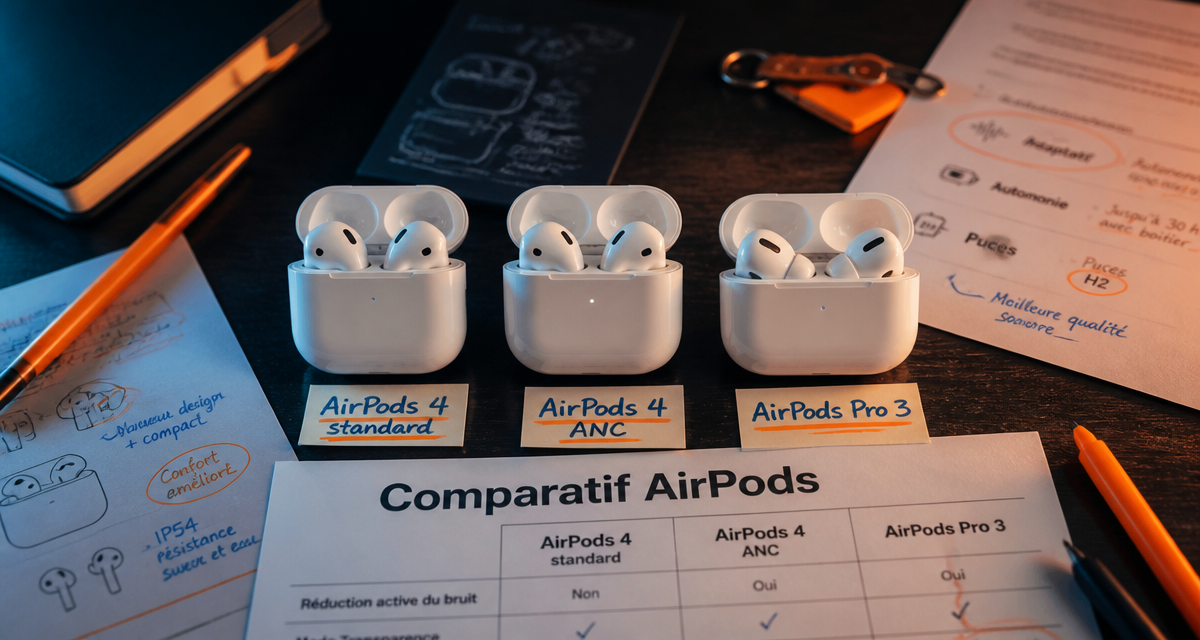 Comparatif AirPods trois modèles sur table