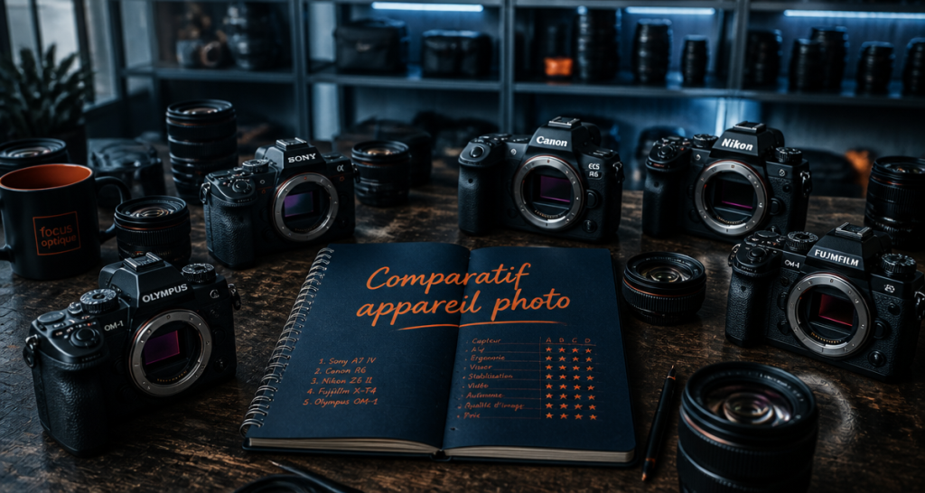 Comparatif appareil photo, hybrides et reflex sur table