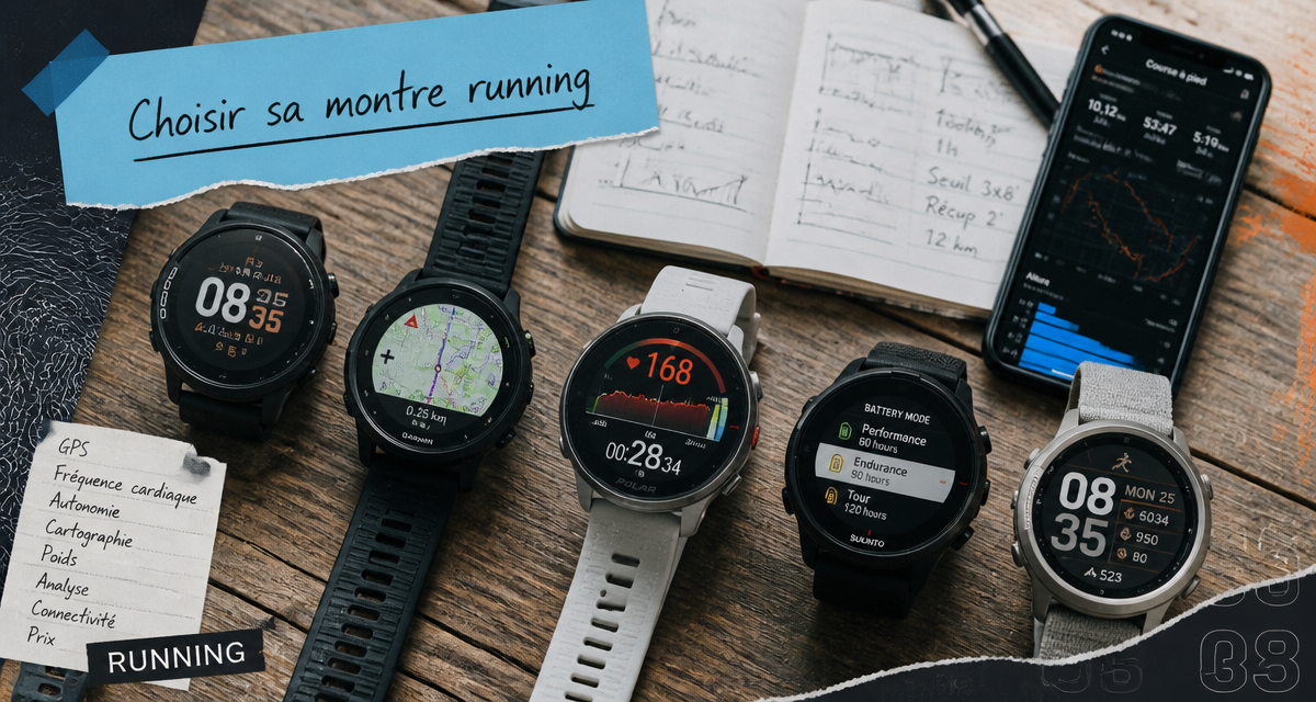 Comparatif montre running sur table avec données techniques