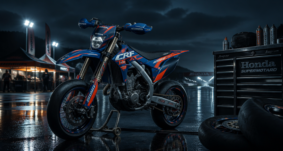 honda supermotard sur circuit au crépuscule