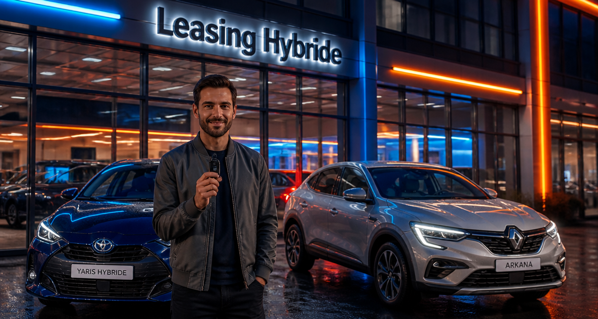 Leasing voiture hybride Toyota Yaris et Renault Arkana devant concession