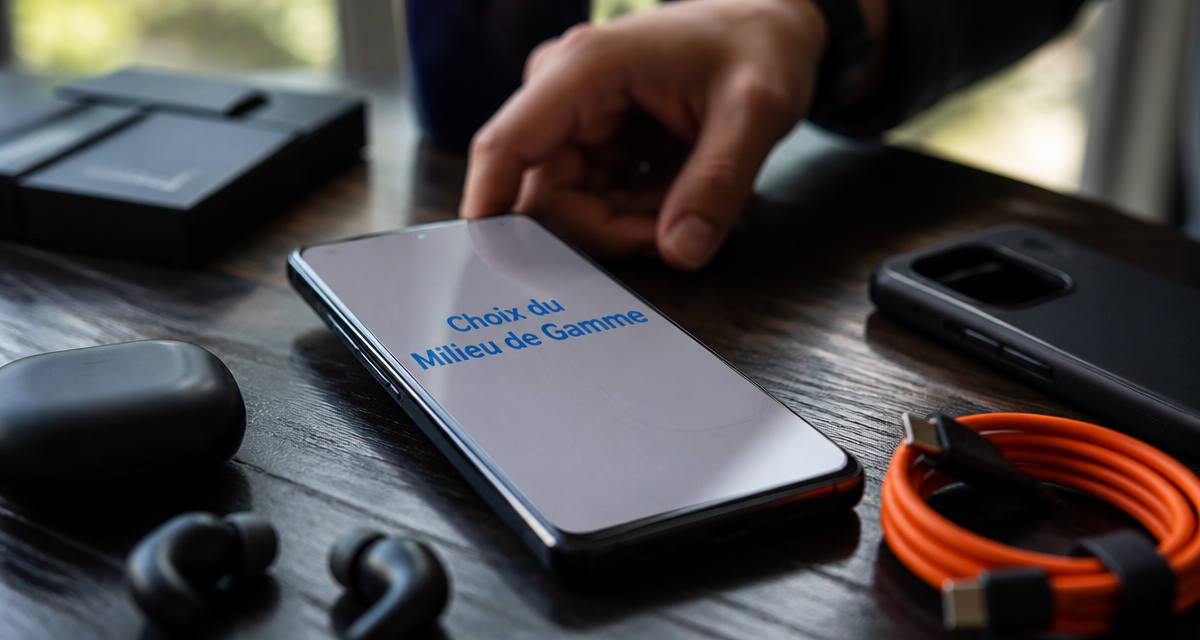 meilleur smartphone milieu de gamme posé sur table avec accessoires