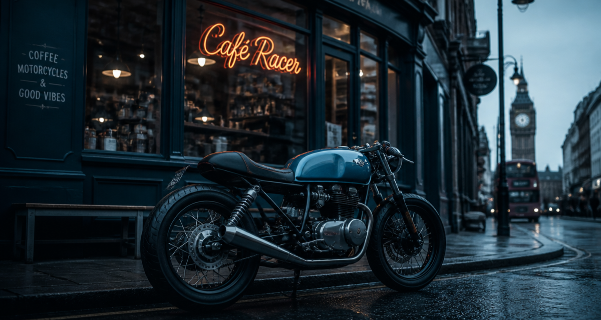 Moto cafe racer bleue devant café vintage à Londres