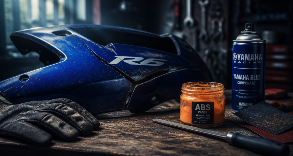 reparation carenage moto avec outils sur etabli
