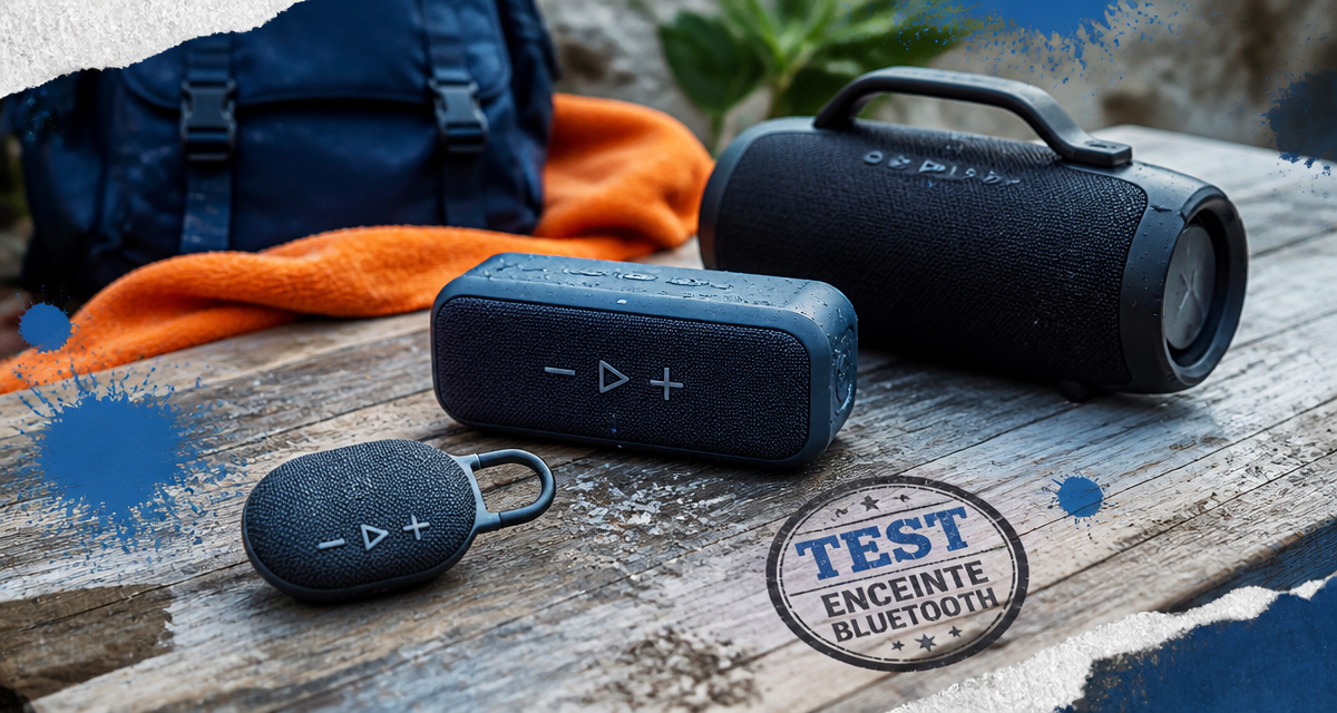 Test enceinte Bluetooth trois modèles sur table bois