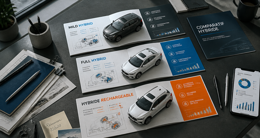 Comparateur voiture hybride avec brochures et miniatures