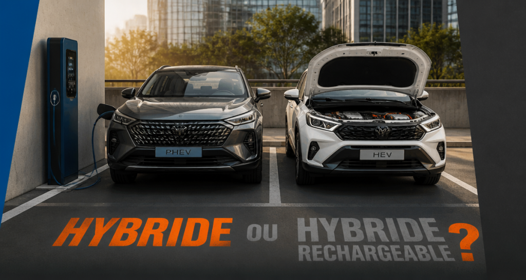 Différence entre hybride et hybride rechargeable sur un parking urbain