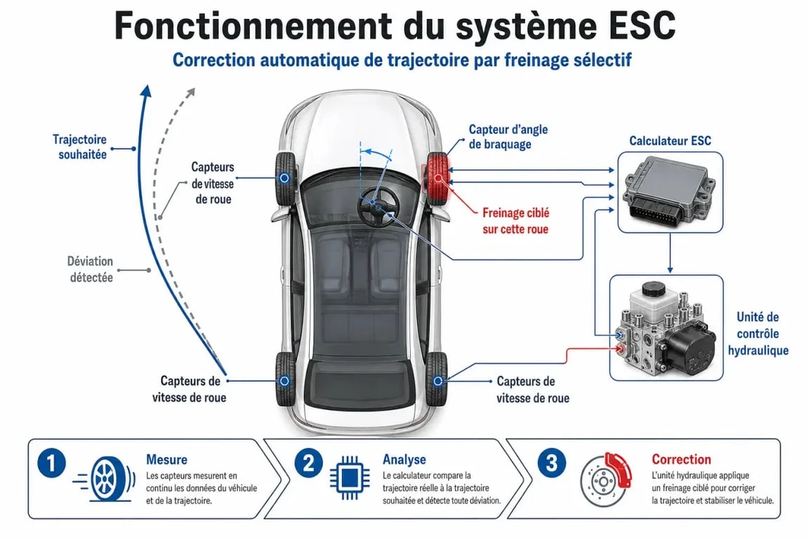 Schéma explicatif du fonctionnement du système ESC voiture et de la correction de trajectoire