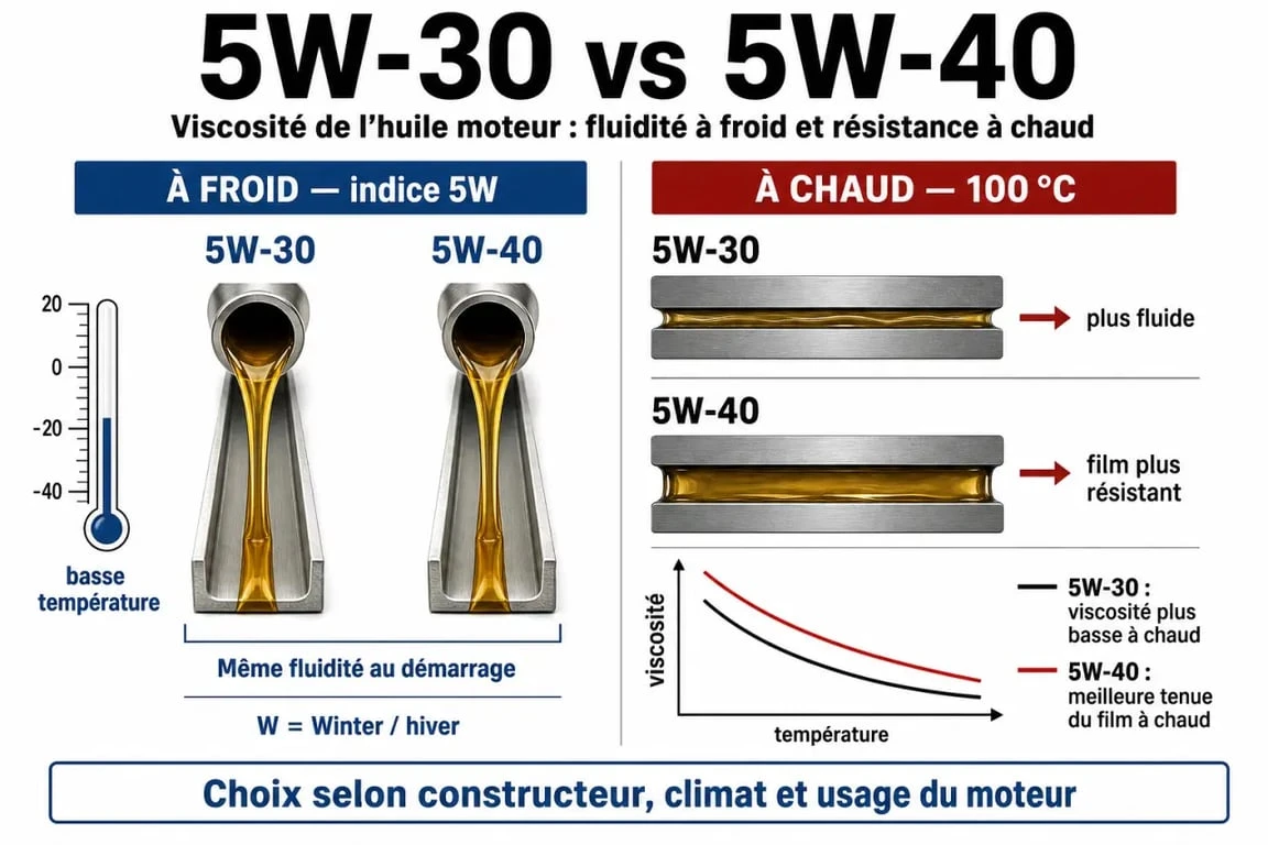 Infographie comparative des indices de viscosité huile moteur 5w30 ou 5w40 pour choisir la meilleure protection.